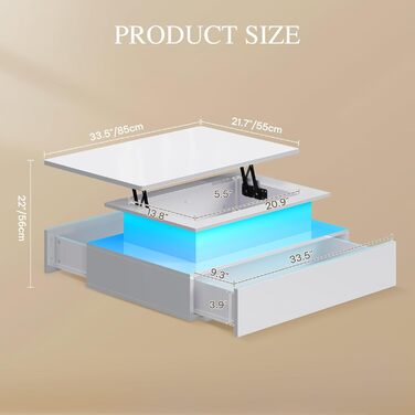 Журнальний столик з регульованою висотою, глянцевий стіл для вітальні з підйомною стільницею, сучасний журнальний столик для вітальні з 16-кольоровим світлодіодним освітленням та 2 шухлядами, білий, повний підйом