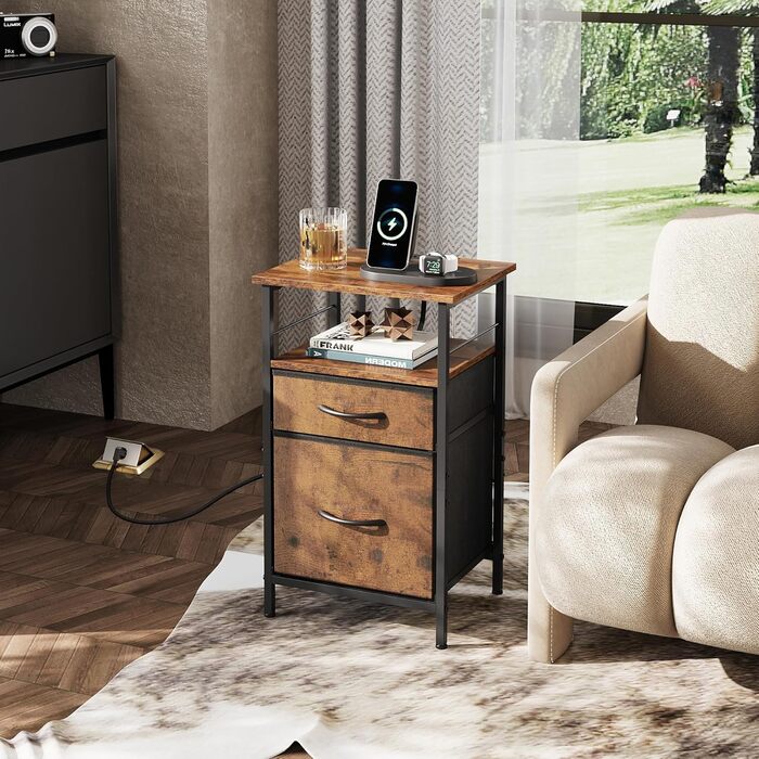 Приліжкова тумба WLIVE з функцією зарядки, бічний столик з 2 USB-портами та 2 розетками, 3-ярусна тумба для спальні, вітальні, офісу (колір рустик-коричневий)