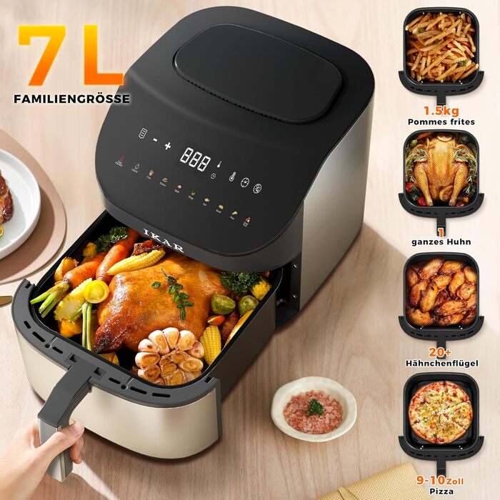 Фритюрниця IKAR Cube XXL 7 л сімейного розміру, фритюрниця 10-в-1, фритюрниця без олії, фритюрниця з сенсорним дисплеєм, можна мити в посудомийній машині, тиха, 4-6 порцій, нержавіюча сталь чорна