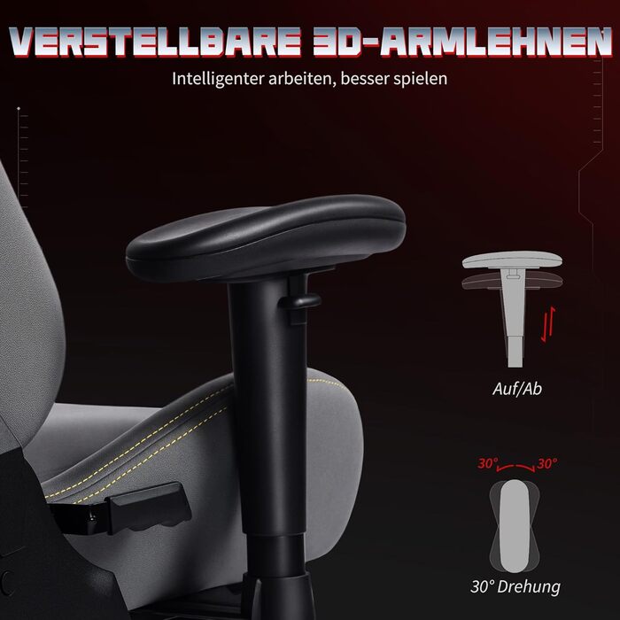 Ігрове крісло HOMCOM, ергономічне ігрове крісло зі штучної замші з поперековою опорою, підставкою для ніг, підголівником, ігрове крісло з 3D-підлокітниками, офісне крісло з регульованою висотою, темно-сіре