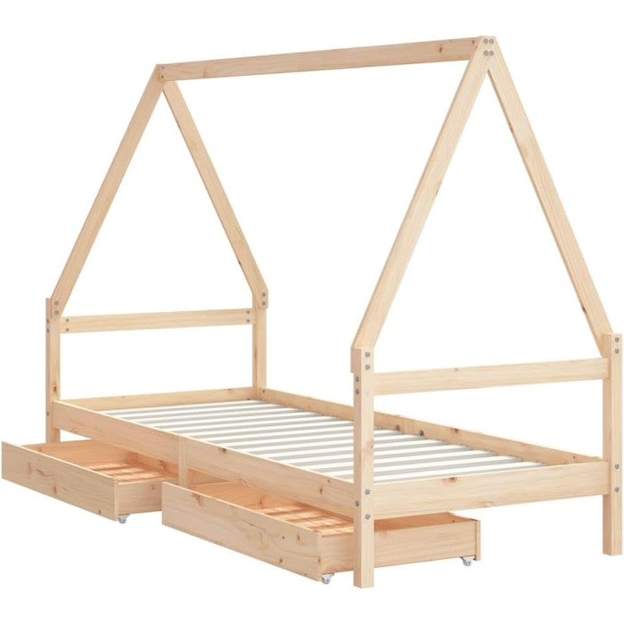 Дитяче ліжко з шухлядами 80x200 см виготовлене з масиву сосни, з рейковою основою та дизайном у формі будиночка для зберігання та приватності, міцне односпальне ліжко з місцем для зберігання 205,5 x 85,5 x 143 см натурального кольору