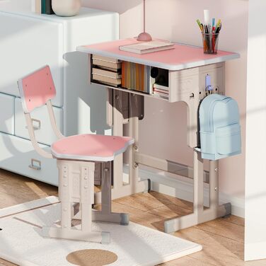 Дитячий комплект столу та стільця, регульований по висоті, для школи та університету, комплект столу та стільця з шухлядою для зберігання речей, ергономічний комплект стільців для роботи з гачком для рюкзака, підходить для дітей від