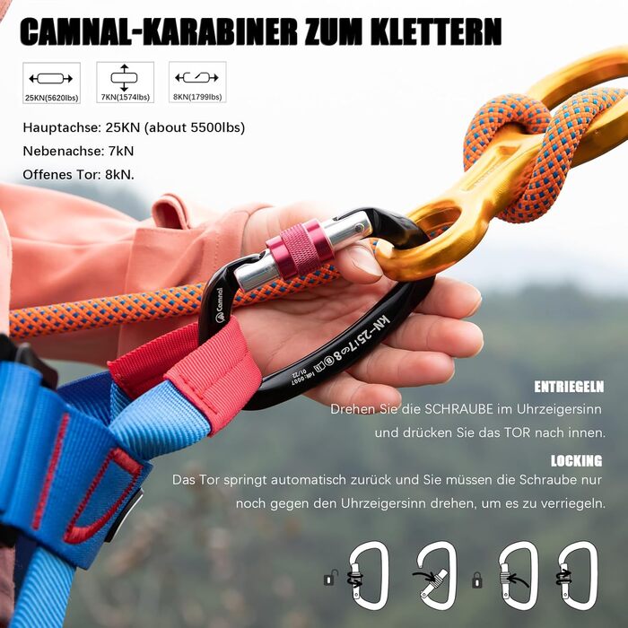 Міцний карабін із замком, сертифікований UIAA, 25 кН (близько 5620 фунтів), автоматично блокувальний карабін D-подібної форми, затискач для скелелазіння, альпінізму, аеропортних робіт Grau-2