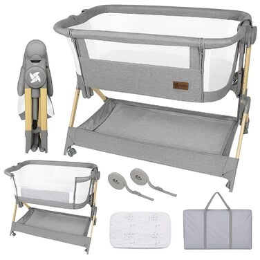 Приліжкове ліжечко Baby Comfortly з колесами Складане та регульоване по висоті (5 рівнів), дихаюче, підходить від 0 місяців до 9 кг, в комплекті матрац, простирадло та сумка не потрібно збирати (колір дерева)