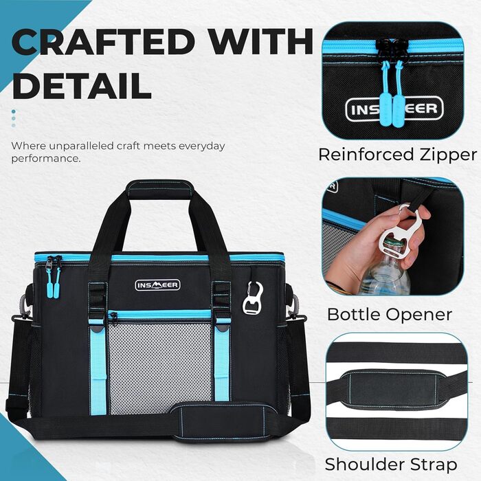 Велика сумка-холодильник 50 л, складна сумка-холодильник на 80 банок, складна/герметична з відкривачкою, велика сумка/холодильник для пікніка для кемпінгу, пляжу, пікніків, сімейних прогулянок на 4 особи, чорна