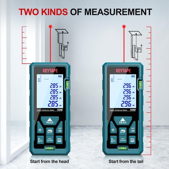 Вимірювач відстані, KEYTAPE DT50 50M Цифровий лазерний вимірювач відстані з РК-підсвічуванням M/In/Ft з декількома режимами вимірювання, такими як Піфагор/вимірювання відстані/площі/об'єму, IP54 DT50 (50M)