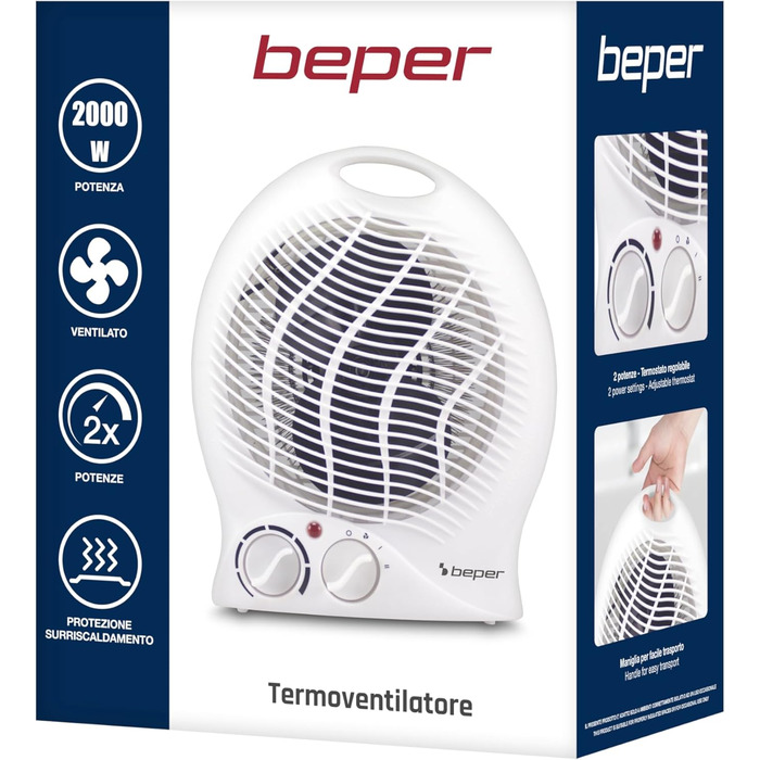 Тепловентилятор BEPER P203TER202, 2000 Вт, 2 рівні потужності, компактний вентилятор з регульованим термостатом, еко-режимом та автоматичним вимкненням, білий