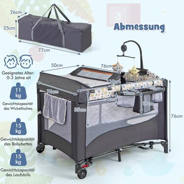 Дитяче ліжечко COSTWAY 5-в-1, дорожнє ліжечко з матрацом, регульована по висоті тумбочка з пеленальний столик, ремені безпеки, музичний мобіль та підвісні іграшки, колиска/колиска з колесами для малюків, сірий колір