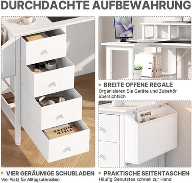 Г-подібний стіл Yaheetech з розетками, 120 x 68 см, білий, двосторонній ігровий стіл з кріпленням для монітора, 4 шухляди, 2 полиці та 1 сумка для зберігання, кутовий стіл для домашнього офісу