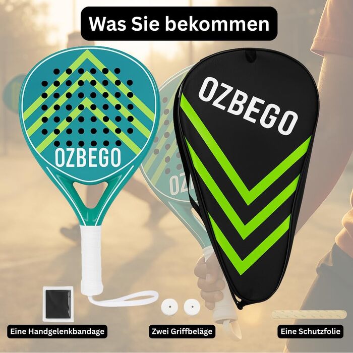 Набір для паделя 100% карбон, 2 ракетки, аксесуари, чорний/зелений