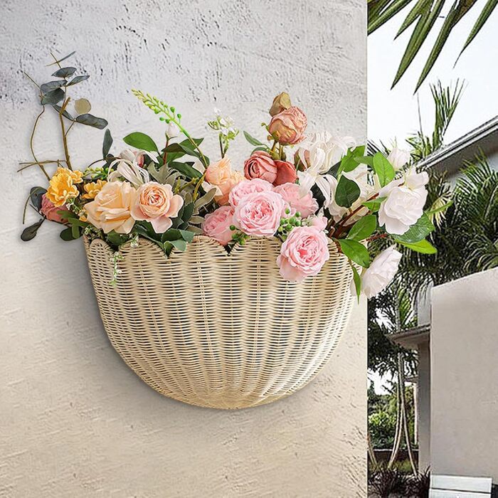 Плетений настінний кошик з ротанга, підвісний кошик у стилі бохо, кошик для квітів, кошик для зберігання, декоративний кошик для вітальні, кухні, дитячої кімнати, ванної кімнати, спальні, коридору (великий x 2)