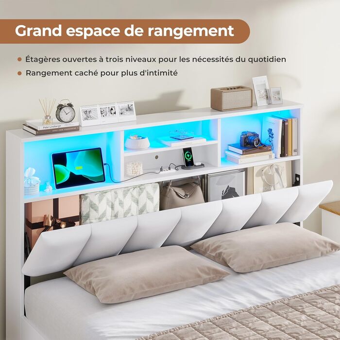Ліжко AOGLLATI 140200 см, М&39яке ліжко із зарядною станцією та світлодіодним освітленням, Двоспальне ліжко з місцем для зберігання речей та узголів&39ям для зберігання речей, 4 шухляди, Рейкова основа, без матраца (для матраца 140 x 200 см), Білий 140 x 
