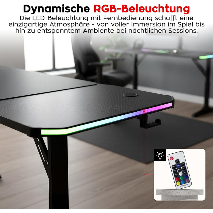 Ігровий стіл huzaro Hero 4.6 RGB - Регульована висота* - Стіл 160x60 см - Поверхня з вуглецевого волокна - Організатор кабелів - Підстаканник та тримач для навушників - ПК-стіл для офісу/домашнього офісу - Чорний RGB