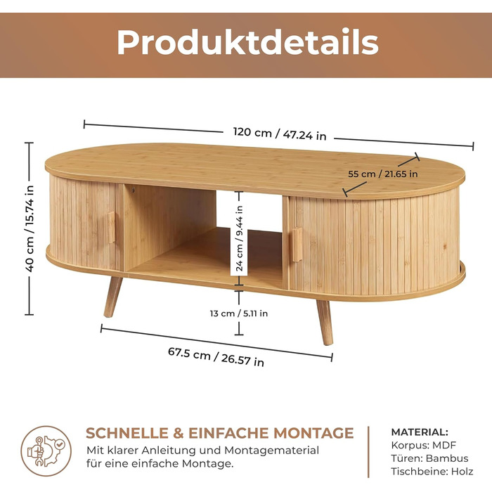 Журнальний столик Nordkapp, стіл для вітальні з 2 розсувними дверима, бамбуковий диван-столик з місцем для зберігання, журнальний столик з дерев&39яними ніжками, 120 x 55 x 40 см