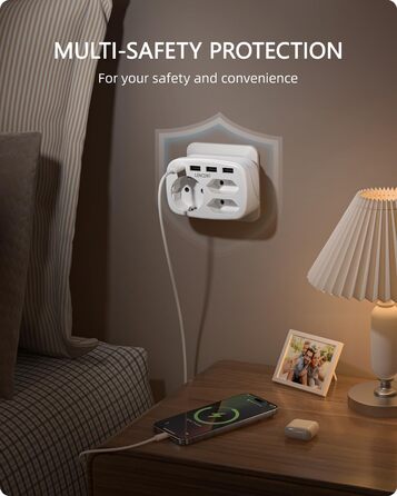 Розетка 7 в 1 адаптер для декількох розеток, 3 відділення подвійний євро і 1 вилка Schuko з 3 USB і USB-C з'єднаннями, подвійна ви