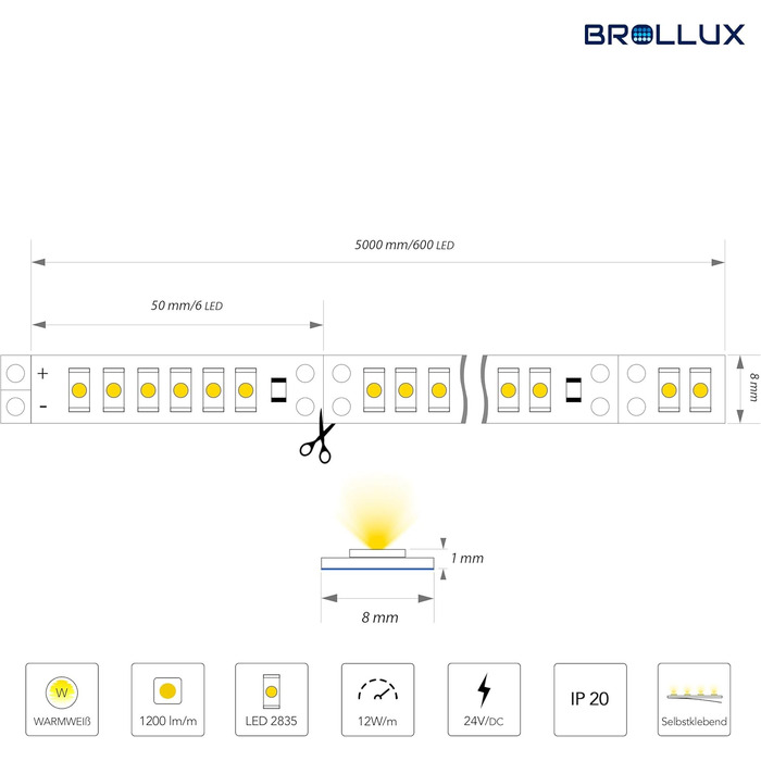 Професійні світлодіодні стрічки Brollux, 6000 люмен, теплий білий, 24 В, 600 світлодіодів, 5 м, стрічка, світлодіодна стрічка, світлодіодна стрічка, світлодіодна стрічка, світлодіодна стрічка, самоклеюча, яскрава, міцна, з можливістю затемнення