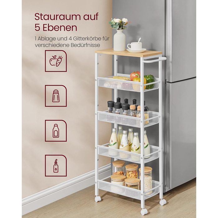 Ярусний візок на колесах, вузький кухонний візок, нішева полиця на колесах, сталь, ручка, для невеликих приміщень, 22 x 45,4 x 99,6 см, кухня, ванна кімната, вітальня, кабінет, дубово-білий LRC035W09 5 ярусів (22 x 45,4 x 99,6 см) дуб білий, 5-