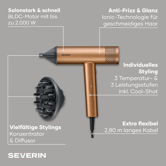 Фен для волосся Severin HT 0172 з іонізацією та функцією Anti-Frizz, 2000 Вт, 3 режими температури та потужності, холодний обдув, з концентратором та дифузором, S-Style, бронзовий/чорний