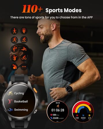 Чоловічий військовий смарт-годинник з акумулятором 1000 мАг, 1,91-дюймовим AMOLED-дисплеєм, світлодіодним ліхтариком/водонепроникним фітнес-годинником до 5 атм з функцією телефону, понад 110 спортивних режимів/пульсометром/монітором сну/SpO2, сумісним з i