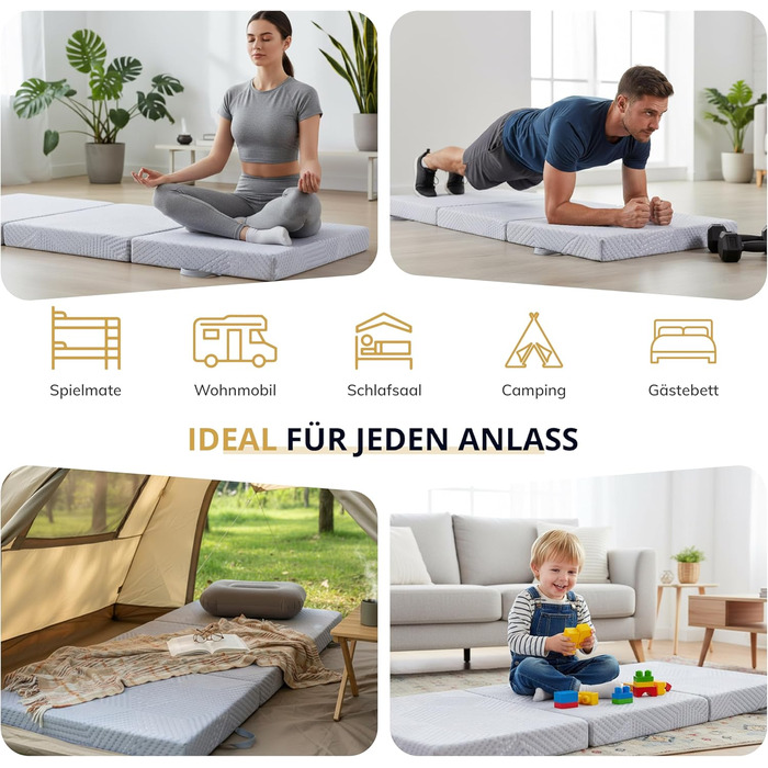 Складаний матрац EGO Home 65x196 см, 3-секційний складаний матрац, рівень жорсткості H3, висота 10 см, складаний матрац з гелевого пінопласту 196x65 см для подорожей, кемпінгу, використання на свіжому повітрі, підлога, гостьове ліжко, сертифікований Oeko-