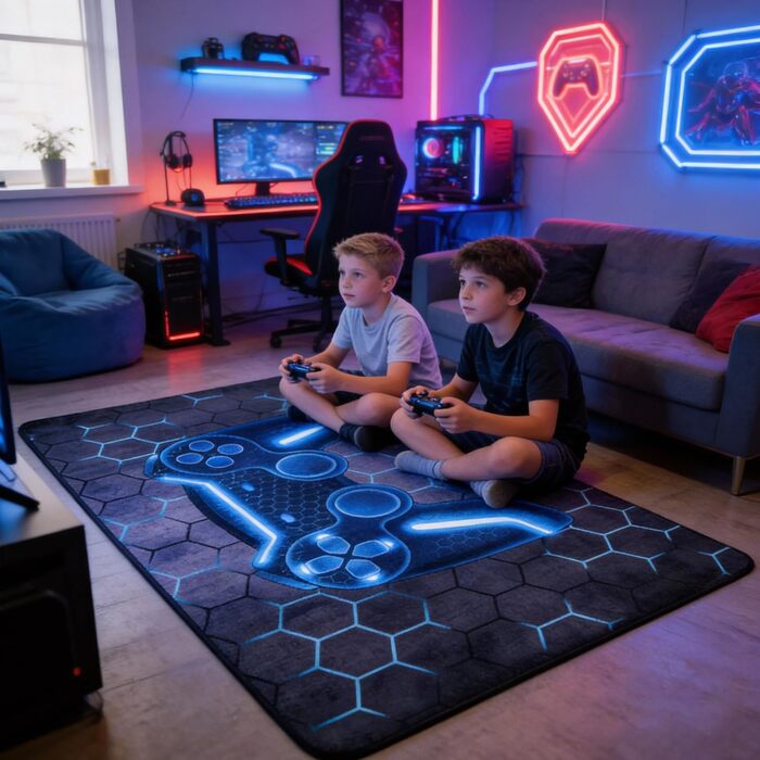 Ігровий килимок, нековзний кришталевий оксамитовий ігровий килимок, стильний синій килимок з ігровим контролером для ігрових кімнат хлопчиків, декор дитячої кімнати для хлопчиків, 80x120 см