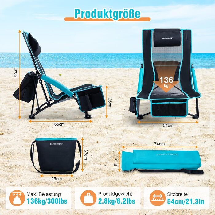 Пляжний стілець CHANGEMOORE з сумкою-холодильником 2-в-1, складний, 136 кг, вкл. тримач для напоїв, знімну подушку та сумку для перенесення для пляжу, саду, пікніка, подорожей (синій) комплект з 2 предметів