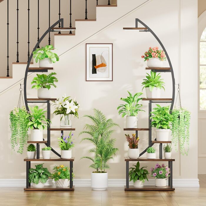 Підставка для рослин з лампою для вирощування - 7-ярусна підставка для квітів 165 см, металева дерев&39яна полиця для рослин - Квіткові драбини для приміщень та вулиці - Декоративна чорна квіткова полиця для внутрішнього саду, балкону, 2 шт.