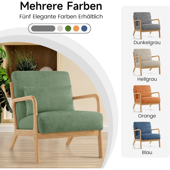 Акцентне крісло з подушкою, сучасне м&39яке крісло для вітальні, крісло для відпочинку з підлокітниками та дерев&39яним каркасом, зручне крісло для читання, зелена тканина, комплект з