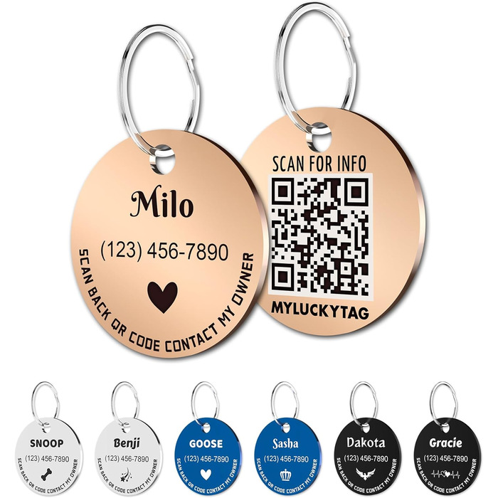 Персоналізовані ідентифікаційні жетони для домашніх тварин MYLUCKYTAG Жетони для собак - Жетони для ідентифікації QR-коду - Онлайн-профіль домашніх тварин - Надсилання сповіщень про місцезнаходження домашніх тварин електронною поштою після сканування