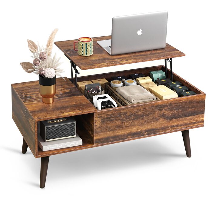 Журнальний столик WLIVE з регульованою висотою та місцем для зберігання, стіл для вітальні з висувною стільницею та відкритими відділеннями, прямокутний журнальний столик для вітальні, рустикальний коричневий