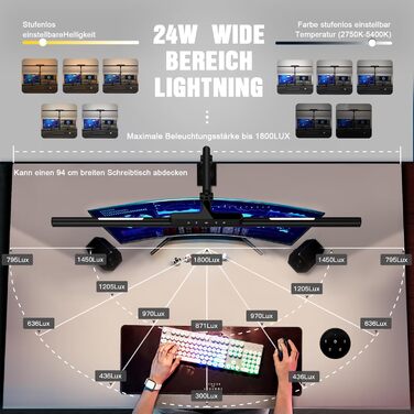Настільна лампа OOWOLF Full Spectrum 24 Вт 81,5 см з керуванням жестами та дистанційним керуванням Освітлення Настільна лампа 5 колірних режимів Антивідблиск Багатофункціональний для домашнього офісу, відеовиробництва, ігор, кіберспорту Чорний