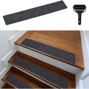 Килимки для сходів Cocofy, сучасні, набір з 15 шт. , 60 x 12 см, самоклеючий фетр Килимки для сходів в приміщенні, 15 шт. , килимові сходинки, самоклеючий килим для сходів, темно-сірий, антрацит, темно-сірий, 60 см x 12 см 15 шт. з роликом