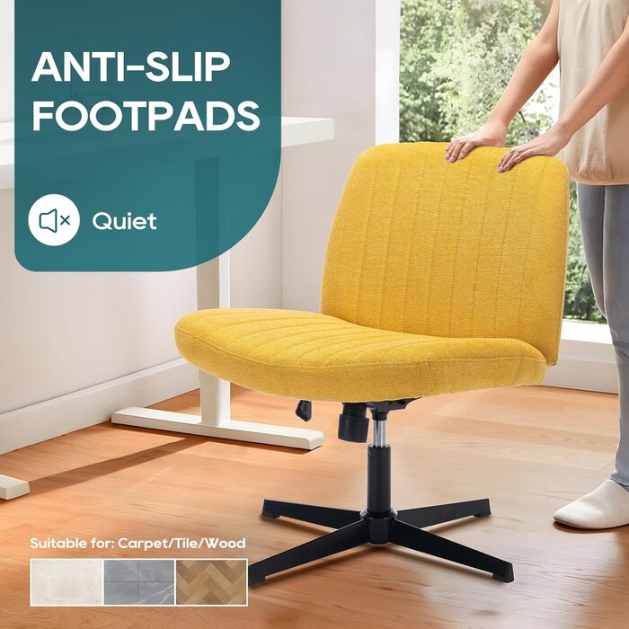 Широке офісне крісло COLAMY, м&39яке офісне крісло без підлокітників, поворотне крісло для домашнього офісу, функція гойдання 115, ергономічне комп&39ютерне крісло для домашнього офісу, макіяжу, ігор (хрестова основа, жовтий)