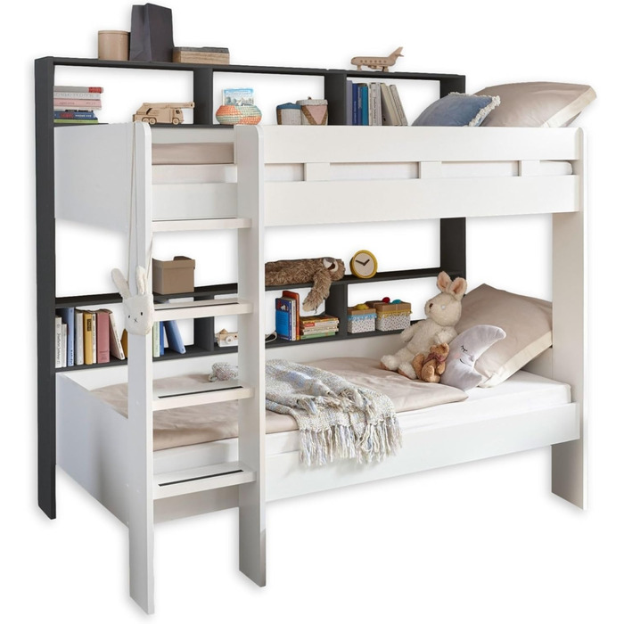 Сучасне ліжко-горище зі сходами та двома поверхнями для лежання 90 x 200 см - Компактне дитяче двоярусне ліжко білого/антрацитовог