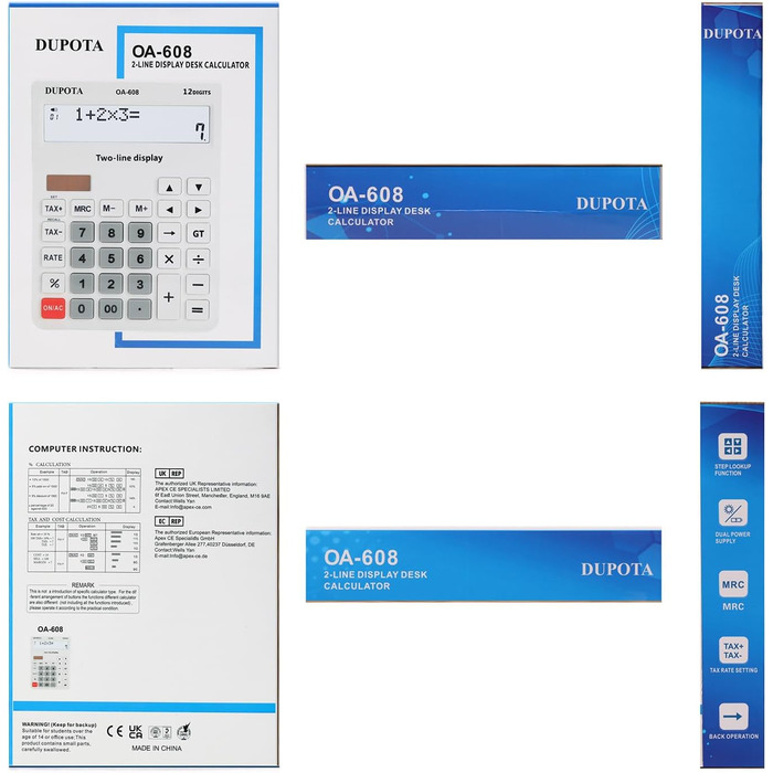 Настільний калькулятор, великі кнопки, 2 ряди, надвеликий дисплей, 12-розрядний настільний калькулятор, офісний калькулятор, податковий калькулятор, великий розмір (OA-608)