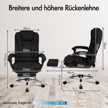 Офісне крісло ALFORDSON з функцією масажу, ергономічний дизайн з великою подушкою сидіння, поперекова підтримка, коліщатка для плавного пересування в офісі, чорний колір, лляна тканина Elias - чорний (льон) серія Elias