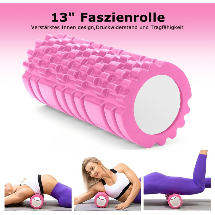 Ролик для фасції, Qveetry 6 в 1 пінопластовий ролик, набір роликів для фасції з масажною роликовою палицею, стрічки опору для силових тренувань, масажний м&39яч, фітнес-стрічки, пінопластовий ролик 33 см для йоги, пілатесу, спорту, рожевий