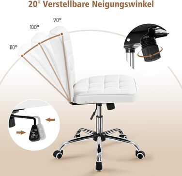 Офісне крісло Yaheetech, стілець для дому, обертове крісло, регульоване по висоті туалетне крісло, офісне крісло без підлокітників, м&39яке крісло з колесами, штучна шкіра білого кольору