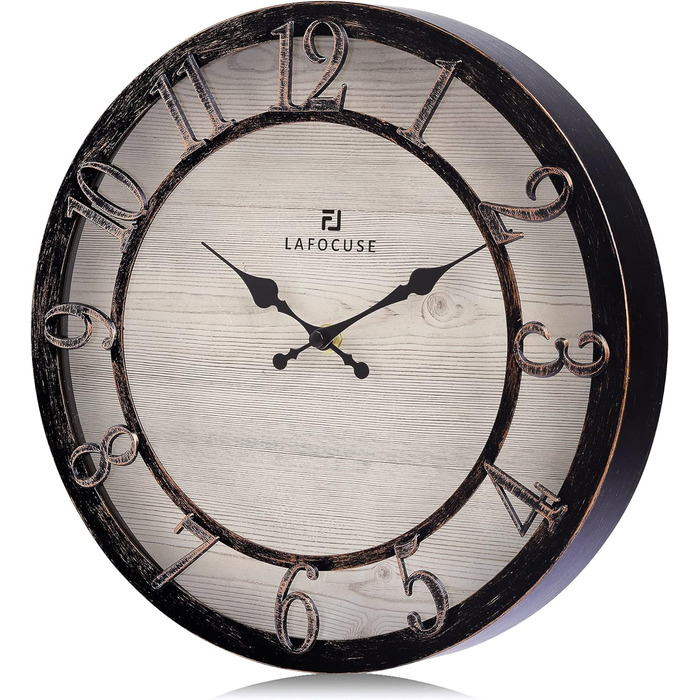 Настінний годинник Lafocuse Vintage безшумний чорний, ретро великі підняті 3D цифри, кантрі стиль безшумний пошарпаний шикарний ан