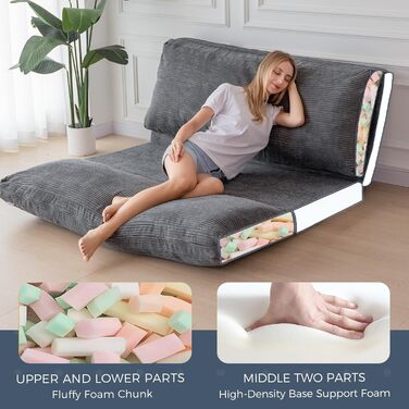 Ліжко-мішок MAXYOYO, розкладне, вельветовий диван-ліжко, матрац для дорослих, надзвичайно товстелезне, складається в 4 сторони, диван-ліжко для спальні, вітальні, антрацитово-сірий, 135 x 240 см