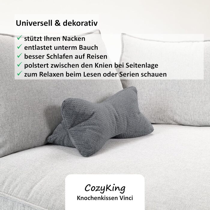 Подушка для шиї CozyKing Vinci сірого кольору з кістки для читання, подушка з кістки, валик для шиї, подушка для читання, сертифікована ko-Tex 100 та придатна для прання при 40C - подушка для шиї, колін або живота для читання або відпочинку - 38x19x19 см