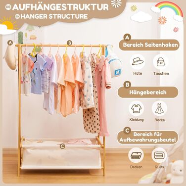 Бамбукова вішалка для дитячого одягу Yorbay з ящиком для зберігання, дитяча вішалка з рейкою для одягу, для дитячих кімнат, для ді