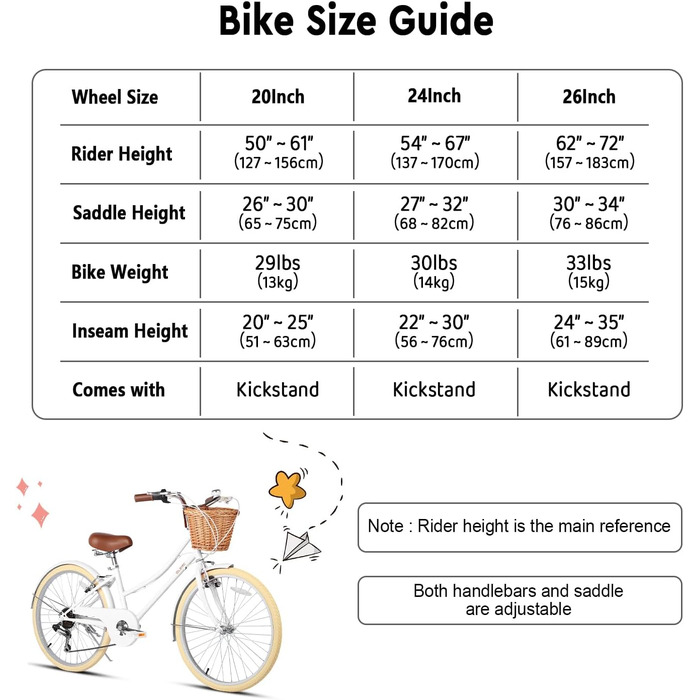 Міський велосипед Glerc Missy 20&39 24&39 26&39 дюймів для дівчаток старше 8 років, гібридний, 6-швидкісний, з плетеним кошиком, легкий, білий, 24 дюйми, із заднім багажником, різні кольори