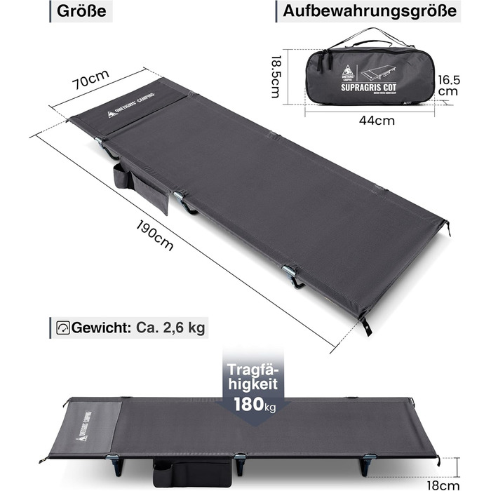 Складане похідне ліжко, портативне кемпінгове ліжко, легке, складне кемпінгове ліжко до 180 кг для намету, для активного відпочинку на природі, для подорожей, саду, офісу (190 70 18 см) сірого кольору