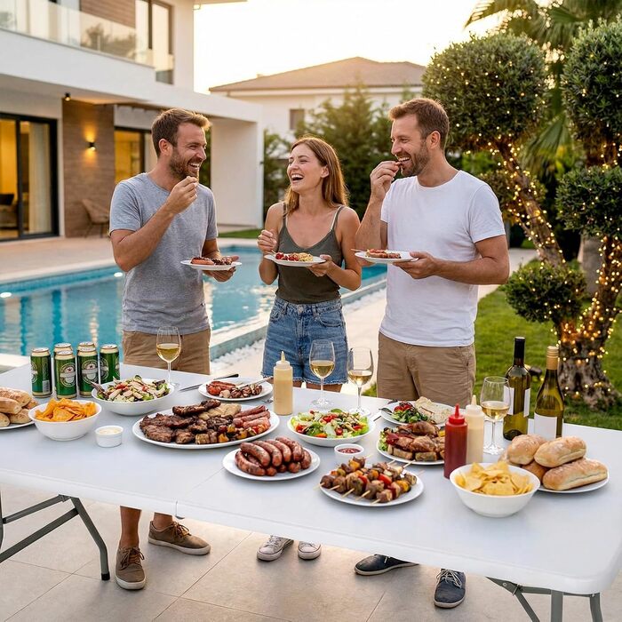 Складаний фуршетний стіл LIFERUN, водонепроникний, 180x75 см, садовий стіл зі стільницею з HDPE, складний пластиковий стіл з ручкою для перенесення, кемпінговий стіл для 10 осіб, вага до 150 кг, святковий стіл для саду, тераси, балкону, білий