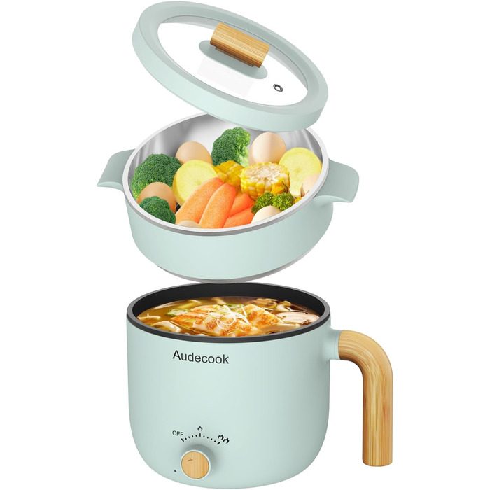 Електрична гаряча каструля та пароварка Audecook, портативна міні-мультиварка з антипригарним покриттям 1,5 л, плита швидкого рамену, дорожня електрична сковорода з подвійним регулюванням потужності для стейків/супу/яєць/вівса (зелений) 1,5 л (з пароварко