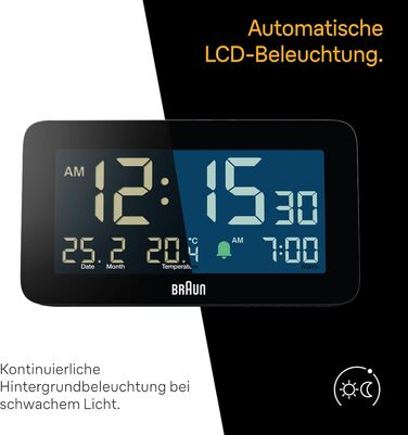 Цифровий будильник Braun з відображенням дати, місяця та температури, негативним РК-дисплеєм, швидким налаштуванням та поступовим звуковим сигналом будильника, чорного кольору, модель BC10B. у комплекті.