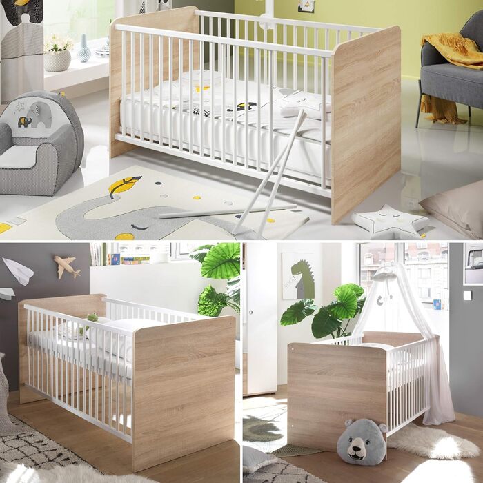 Безпечне дитяче ліжко WIKI зі спальним місцем 70 x 140 см - Гарне дитяче ліжечко для безпечного сну в кольорі Sonoma Oak Look, білий колір - 144 x 80 x 82 см (Ш/В/Г) 144Д x 82Ш x 80В см