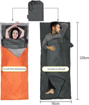 Бавовняний спальний мішок MYCARBON 2-в-1, 95x220 см, надлегкий спальний мішок із захисним чохлом на блискавці, ідеально підходить для походів, подорожей, кемпінгу, активного відпочинку, хостелів, гірських хатин, сірий