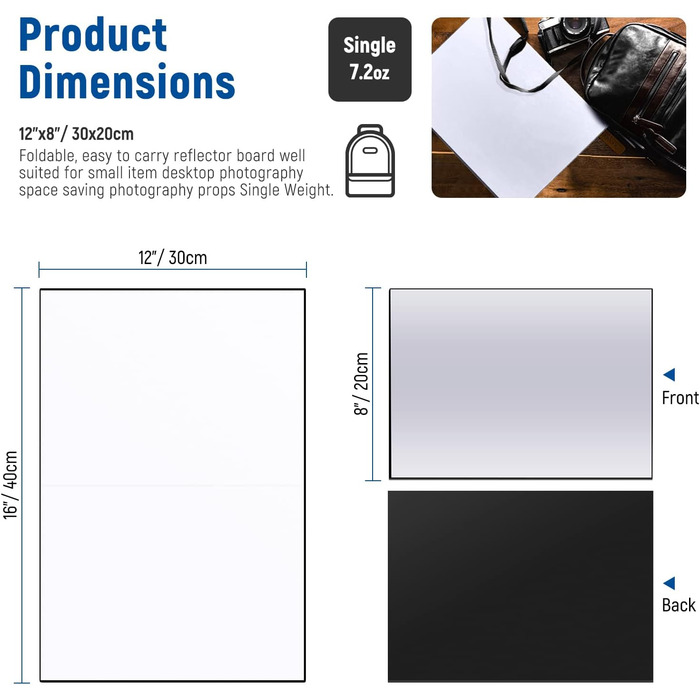 Фоторефлекторний картон, розмір A3 12x8 дюймів/30x20 см студійна настільна складна дошка для розсіювання світла для натюрморту, продукту, фотографії їжі, сріблястий/білий/чорний 30x20 см, 2PCS